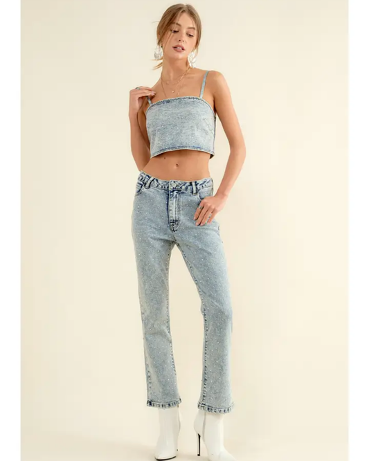 Rhinestone Studded Sparkle Zip Up Tank and Jeans