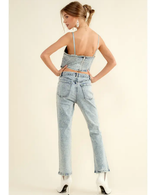 Rhinestone Studded Sparkle Zip Up Tank and Jeans