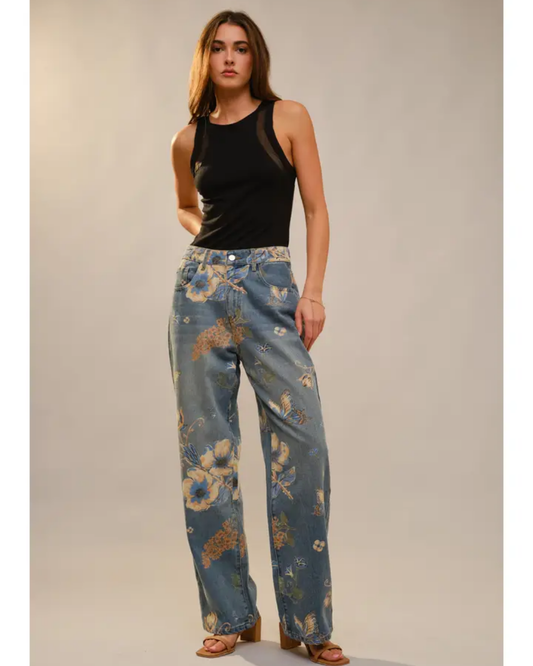 Floral Print Wide Leg Jeans