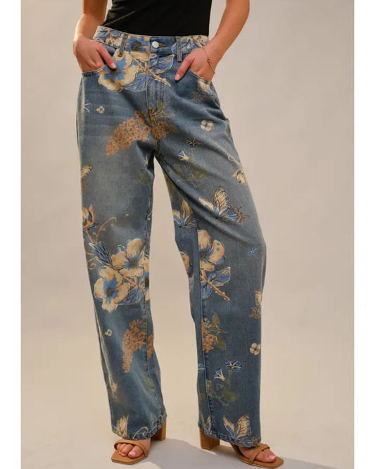 Floral Print Wide Leg Jeans