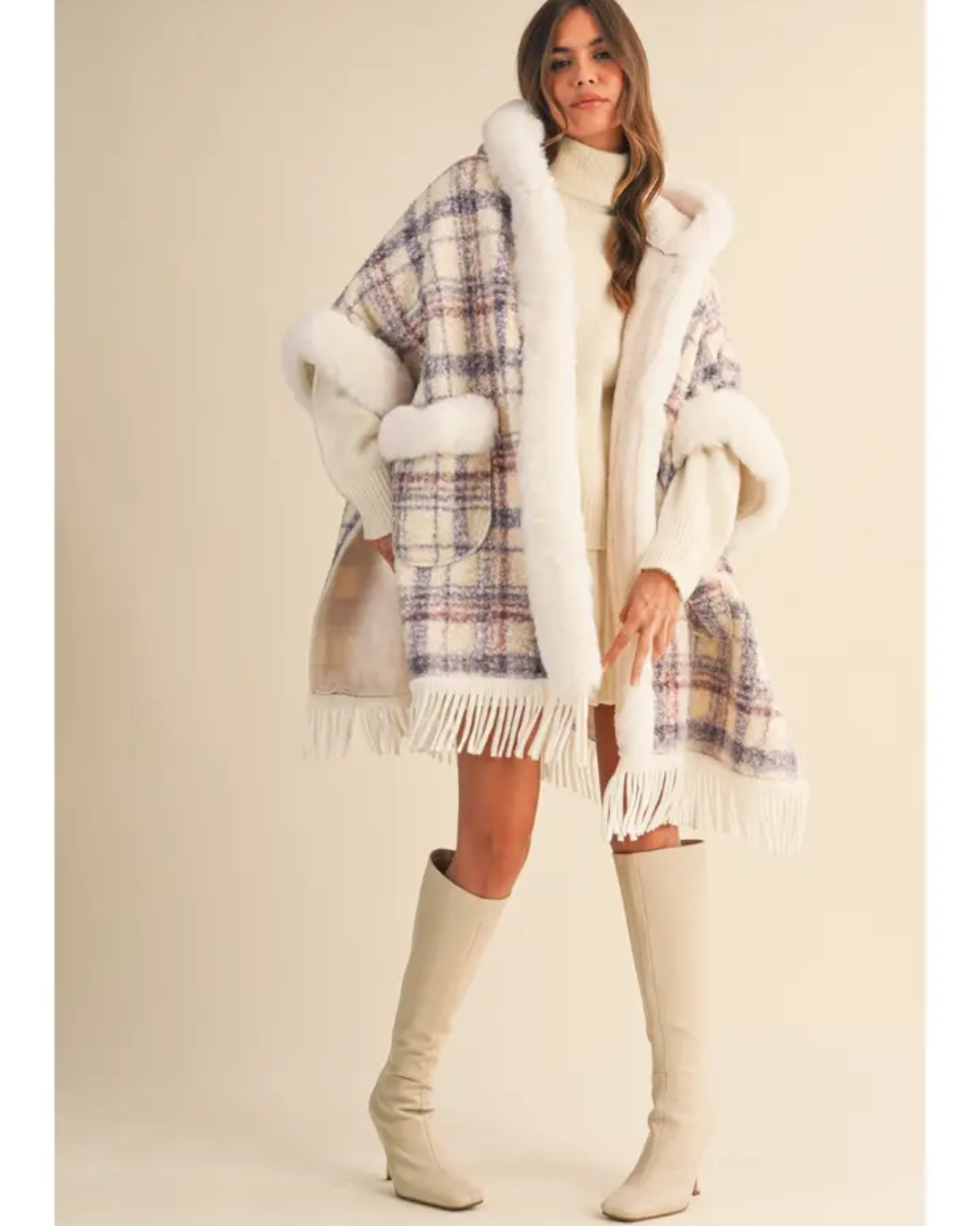 Plaid Printed Faux Fur Trim Oversized Cape Coat