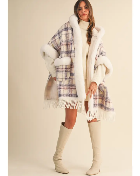 Plaid Printed Faux Fur Trim Oversized Cape Coat