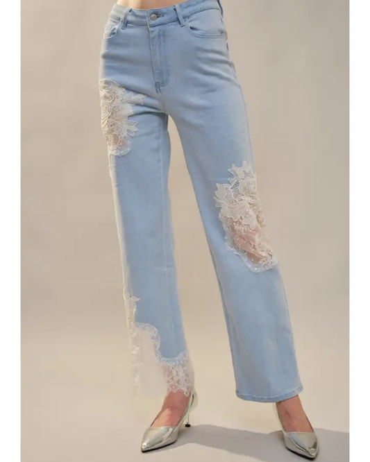 Lace Patchwork Straight Leg Jeans