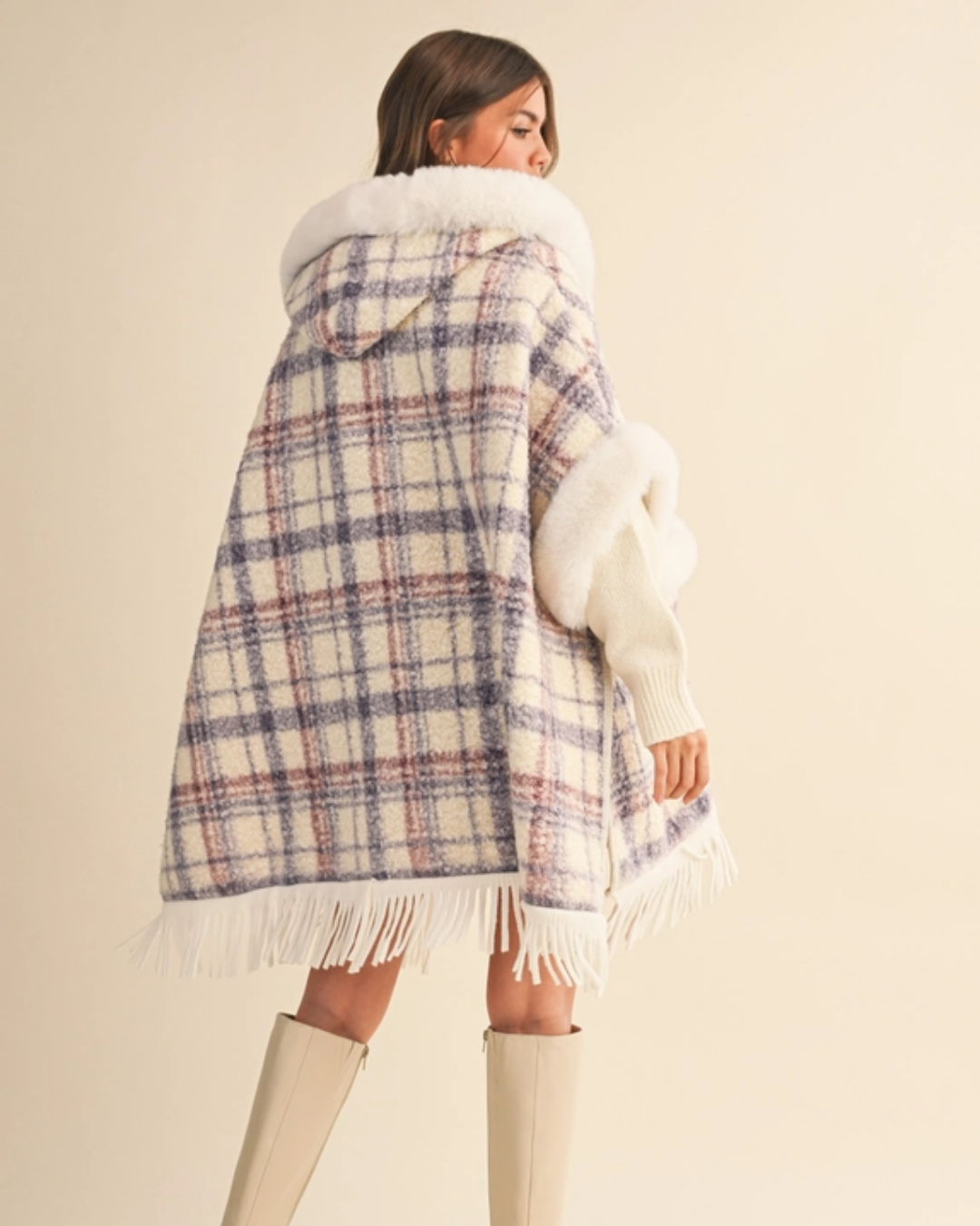 Plaid Printed Faux Fur Trim Oversized Cape Coat