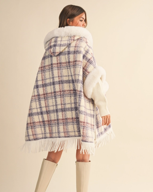 Plaid Printed Faux Fur Trim Oversized Cape Coat