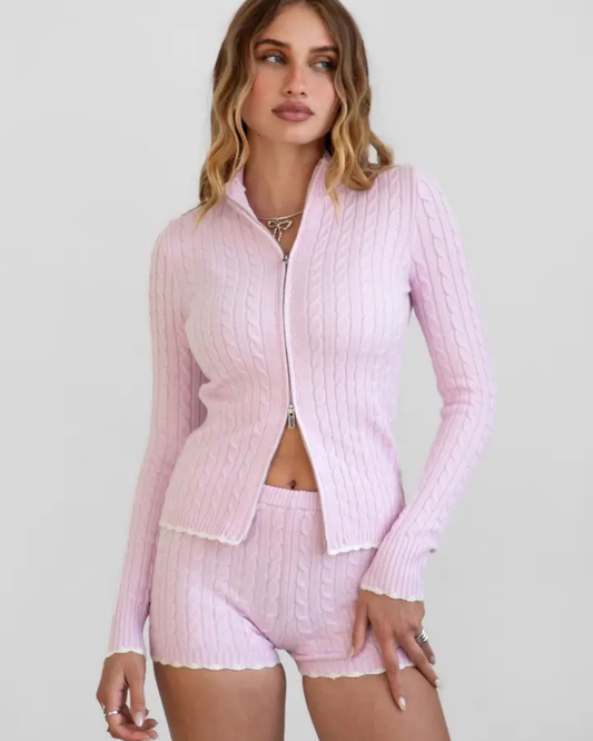 Cline Cable Knit Feminine Girly Two Piece Lounge Short Set