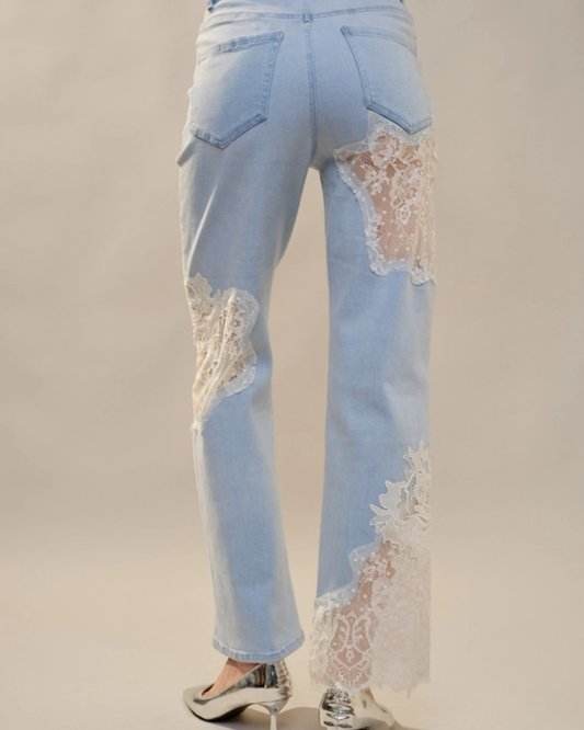 Lace Patchwork Straight Leg Jeans