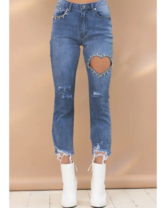 Crop Stretch Ankle Button Heart Cut Out Denim Jeans