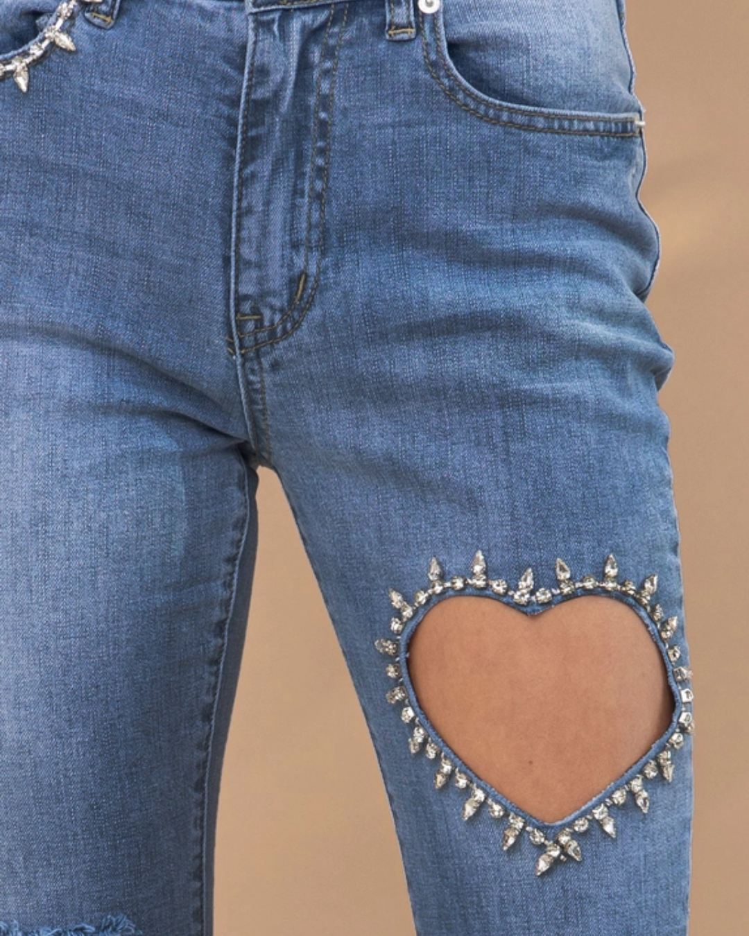 Crop Stretch Ankle Button Heart Cut Out Denim Jeans