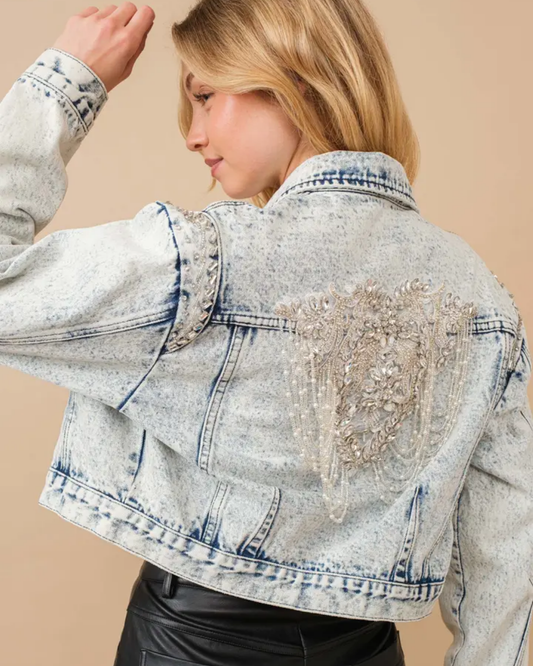 Acid Washed Shoulder Beading Denim Jacket