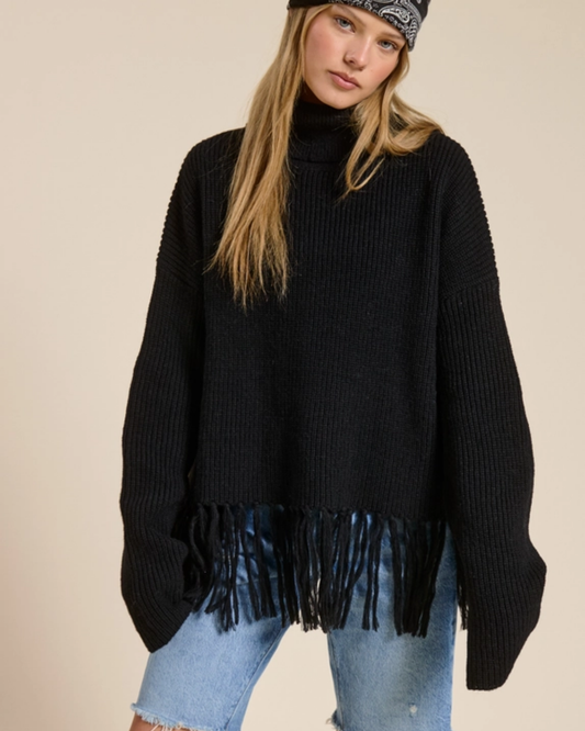 Fringe Hem Ribbed Turtleneck Sweater