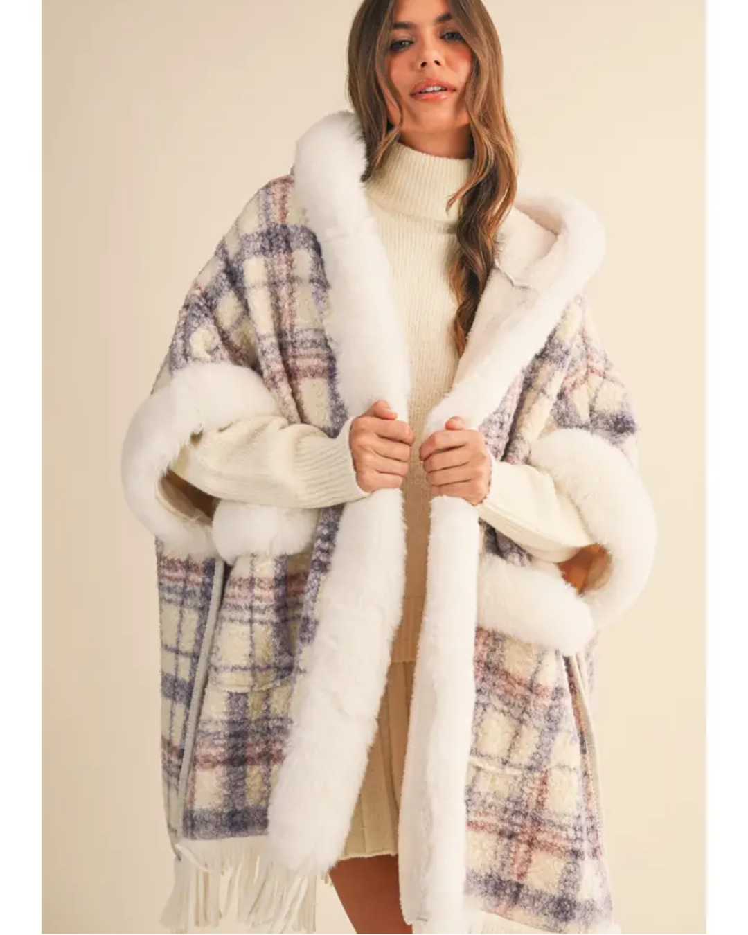 Plaid Printed Faux Fur Trim Oversized Cape Coat