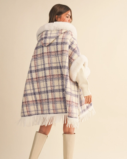 Plaid Printed Faux Fur Trim Oversized Cape Coat