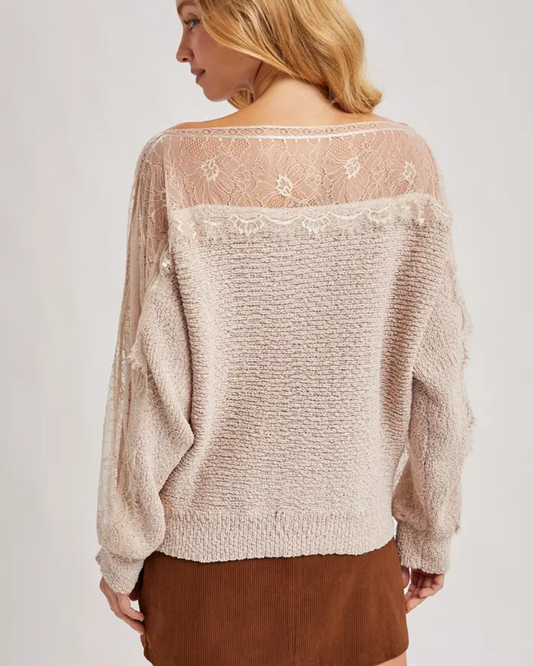 Boat Neck Lace Trimmed Knit Sweater Pullover