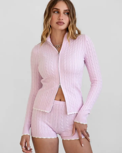 Cline Cable Knit Feminine Girly Two Piece Lounge Short Set