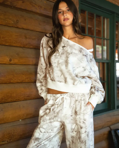 Avery Light Woodland Camo Off the Shoulder Fleece Sweatshirt