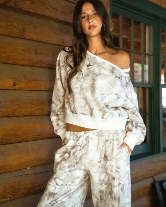 Avery Light Woodland Camo Off the Shoulder Fleece Sweatshirt