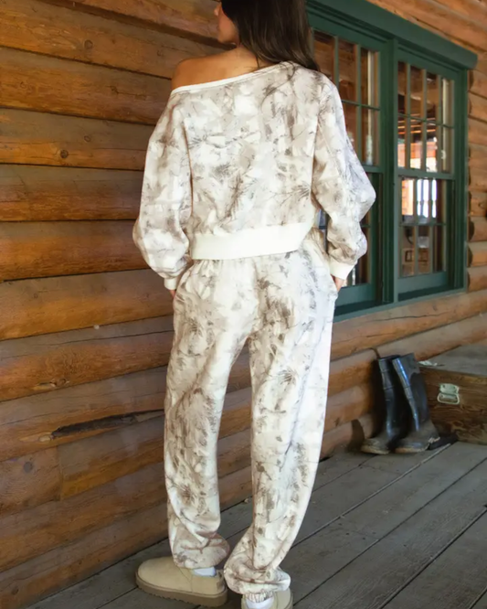 Avery Light Woodland Camo Off the Shoulder Fleece Sweatshirt